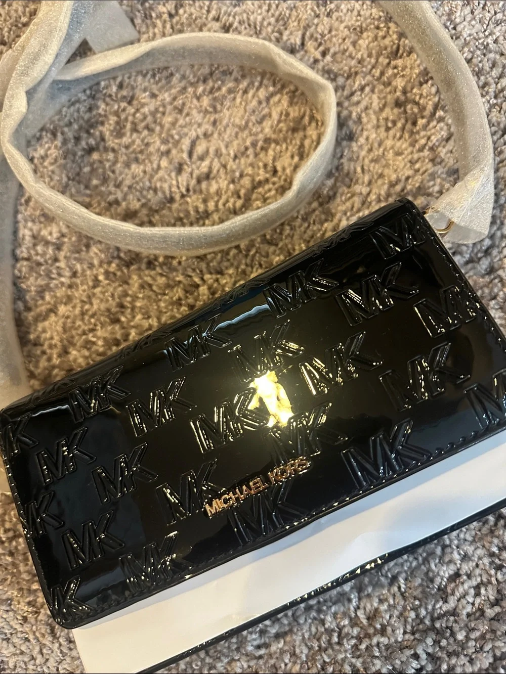 Michael Kors Black Patent MK Logo Crossbody with White Trim